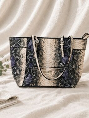 Guess Python Print Tote Handbag Lavender Black Cream Large Designer Purse